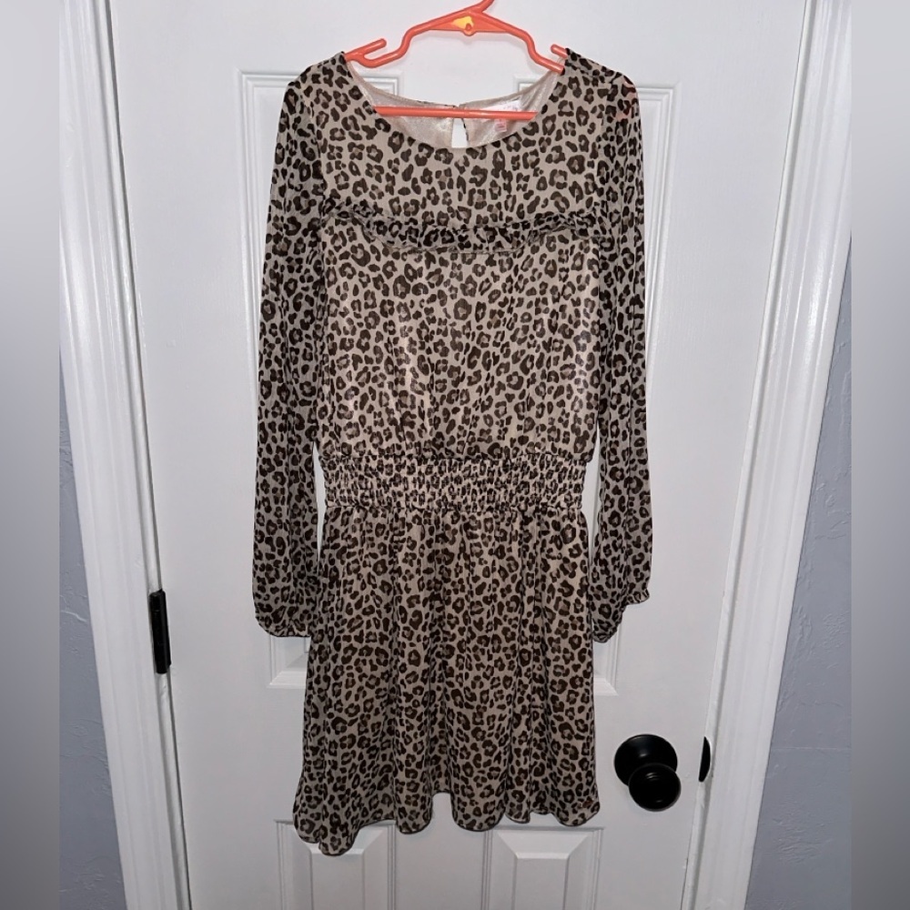 Tahar Girl Leopard Print Long Sleeve Dress